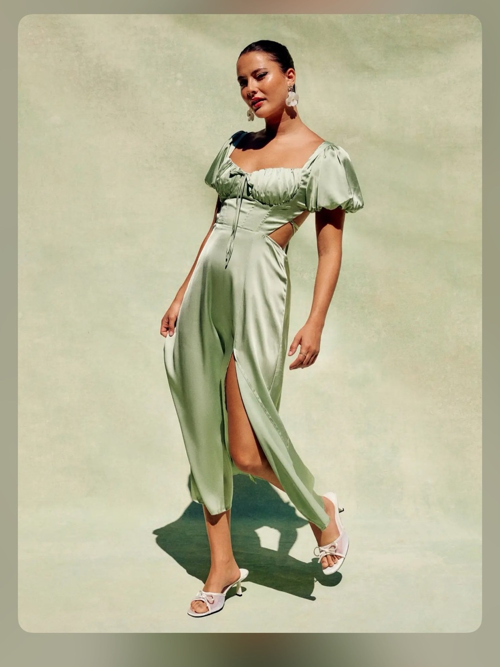 SATIN KNOTTED PUFF SLEEVE SPLIT MIDI DRESS - Picture 4 of 12